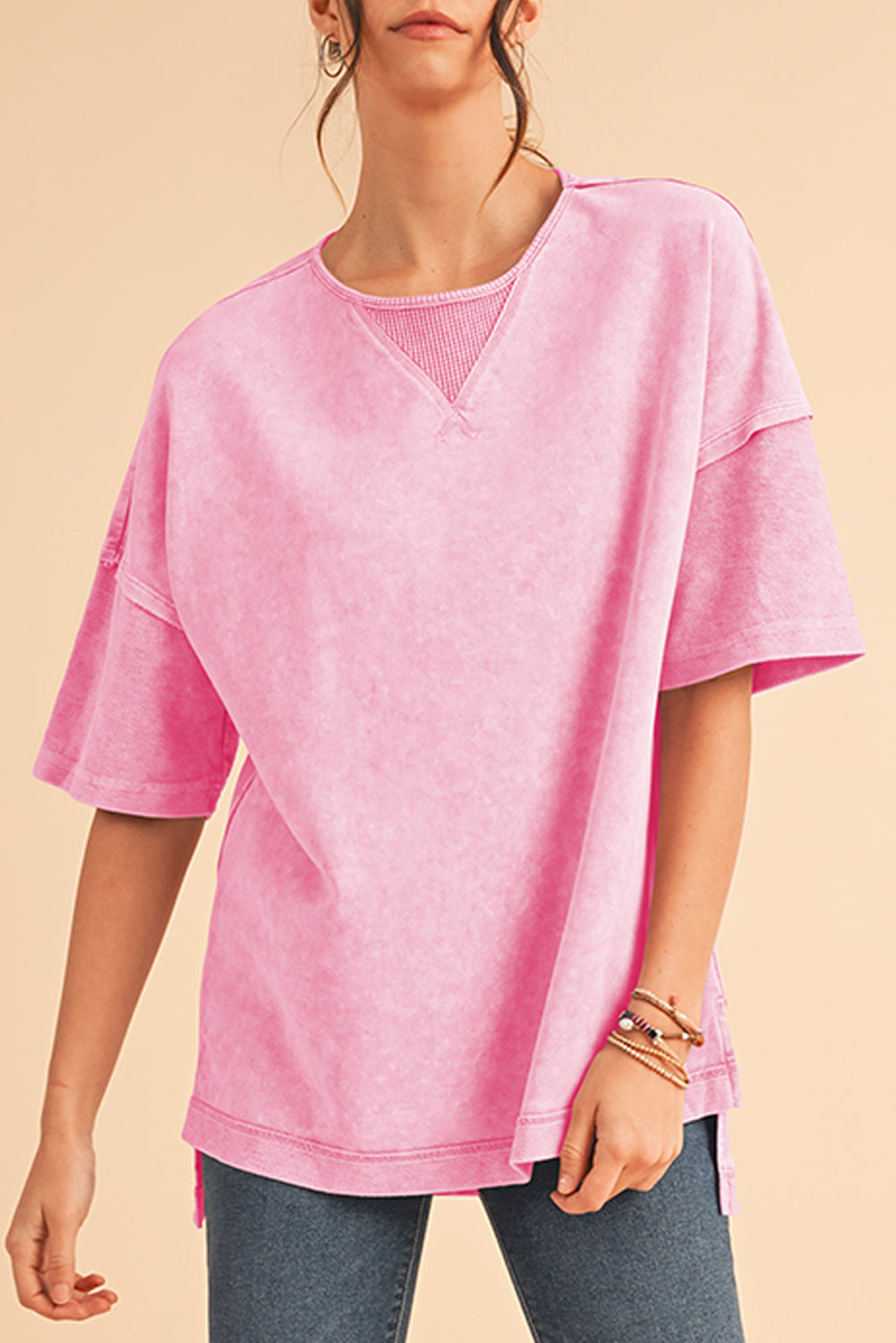 Orchid Petal Mineral Wash Exposed Seam Drop Shoulder Oversized Tee