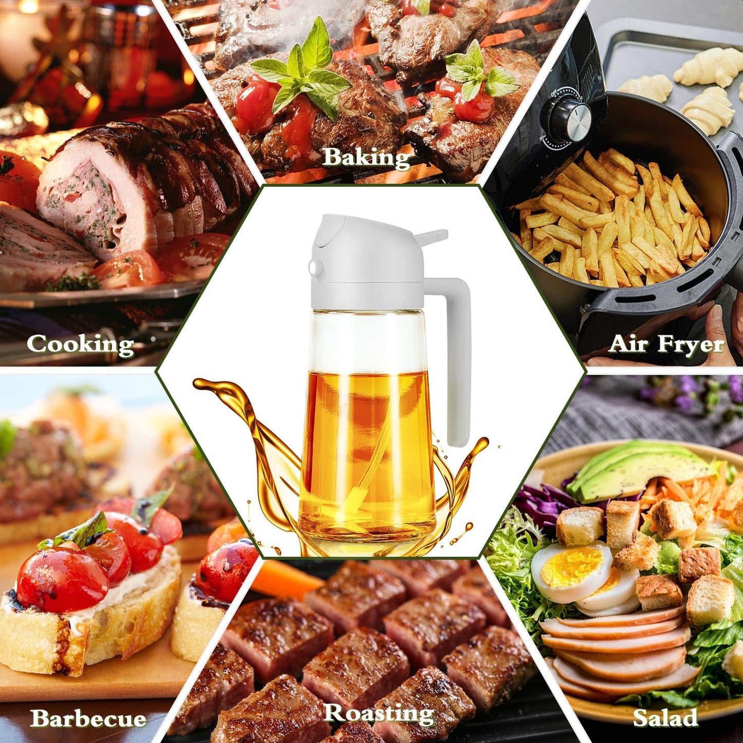 Oil Spray Bottle, 2 in 1 Oil Spray and Oil Container, 470Ml/ 16Oz Olive Oil Spray Bottle,Cooking Oil Spray Glass for Used for Air Fryer, Baking, Grilling(Grey)