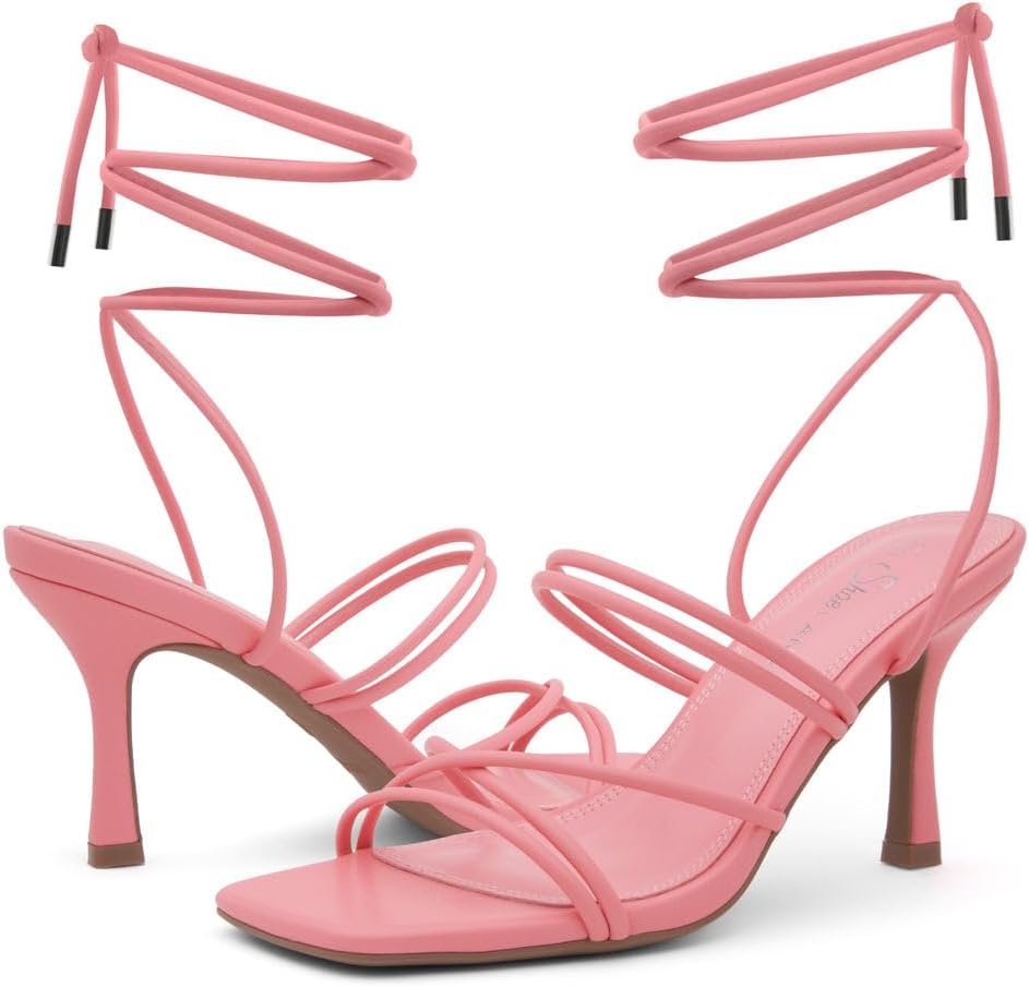 Womens Sl-Lumi Lace up Heels Square Open Toe Strappy Straps Ankle Wrap Stiletto High Heel Sandals