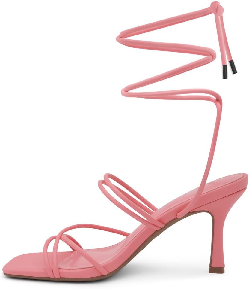 Womens Sl-Lumi Lace up Heels Square Open Toe Strappy Straps Ankle Wrap Stiletto High Heel Sandals