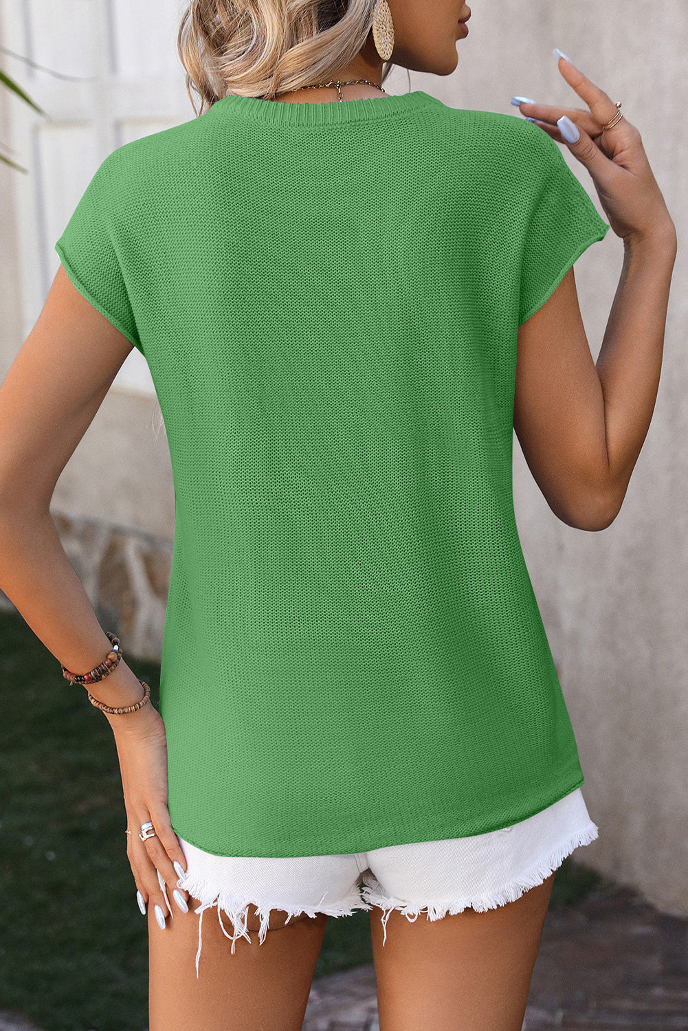Myosotis Knit Exposed Seam Cap Sleeve Round Neck T Shirt