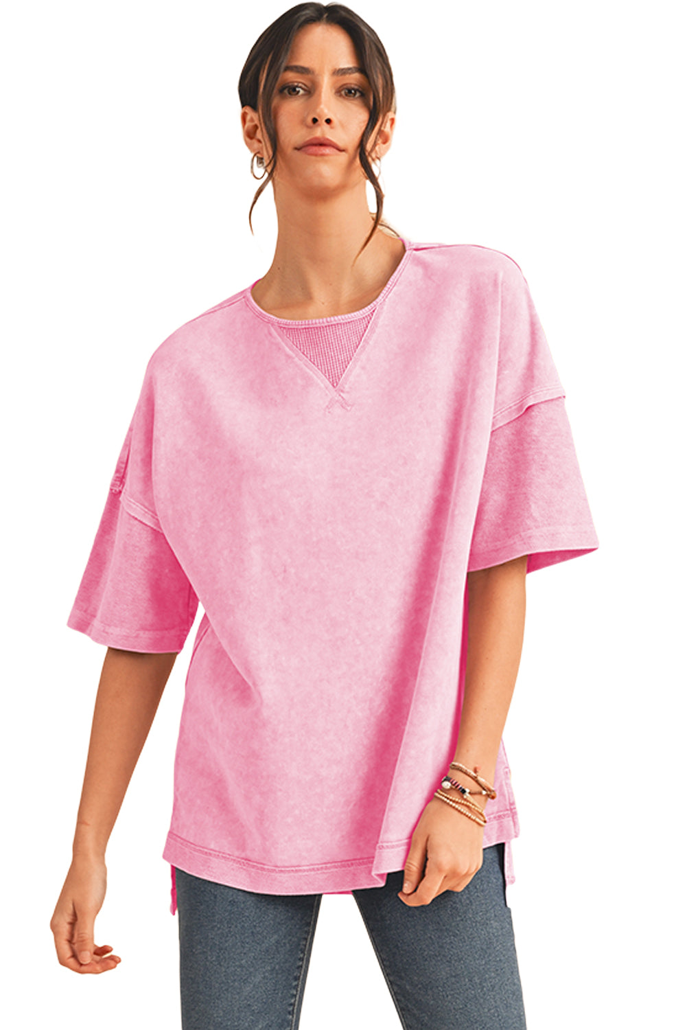 Orchid Petal Mineral Wash Exposed Seam Drop Shoulder Oversized Tee