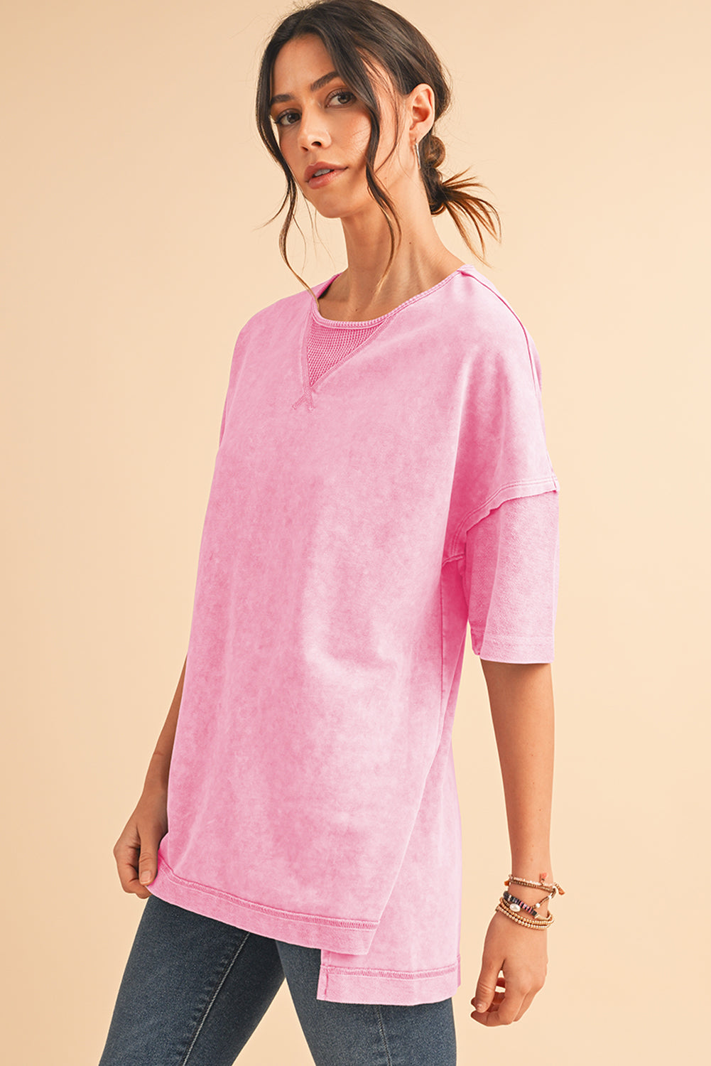 Orchid Petal Mineral Wash Exposed Seam Drop Shoulder Oversized Tee
