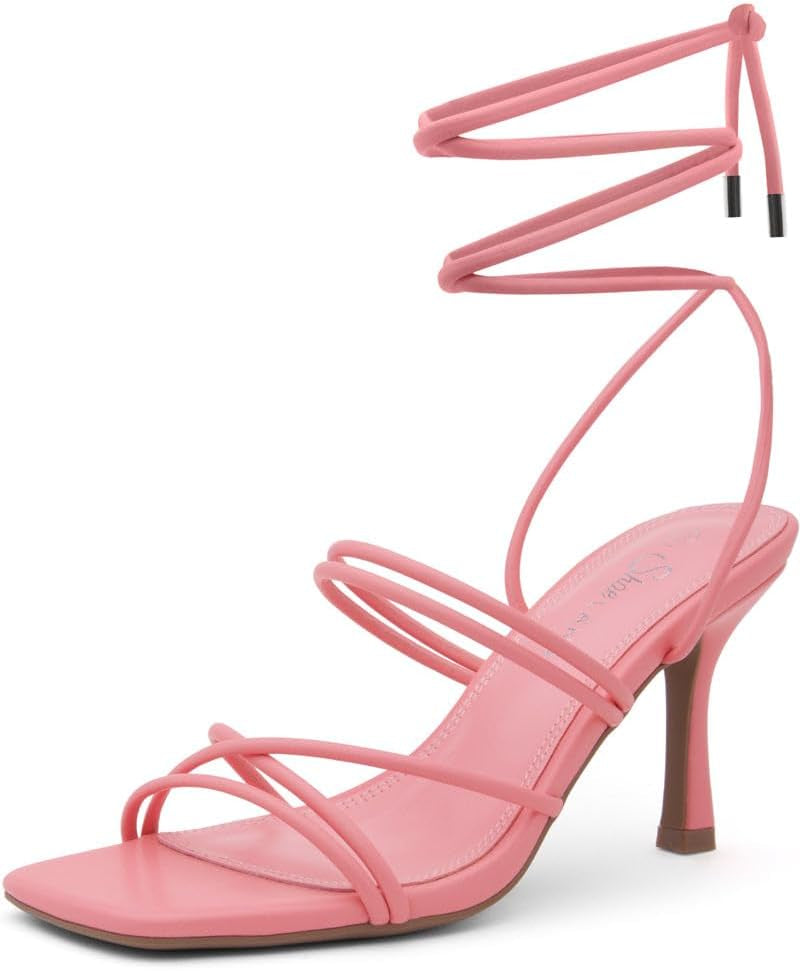 Womens Sl-Lumi Lace up Heels Square Open Toe Strappy Straps Ankle Wrap Stiletto High Heel Sandals
