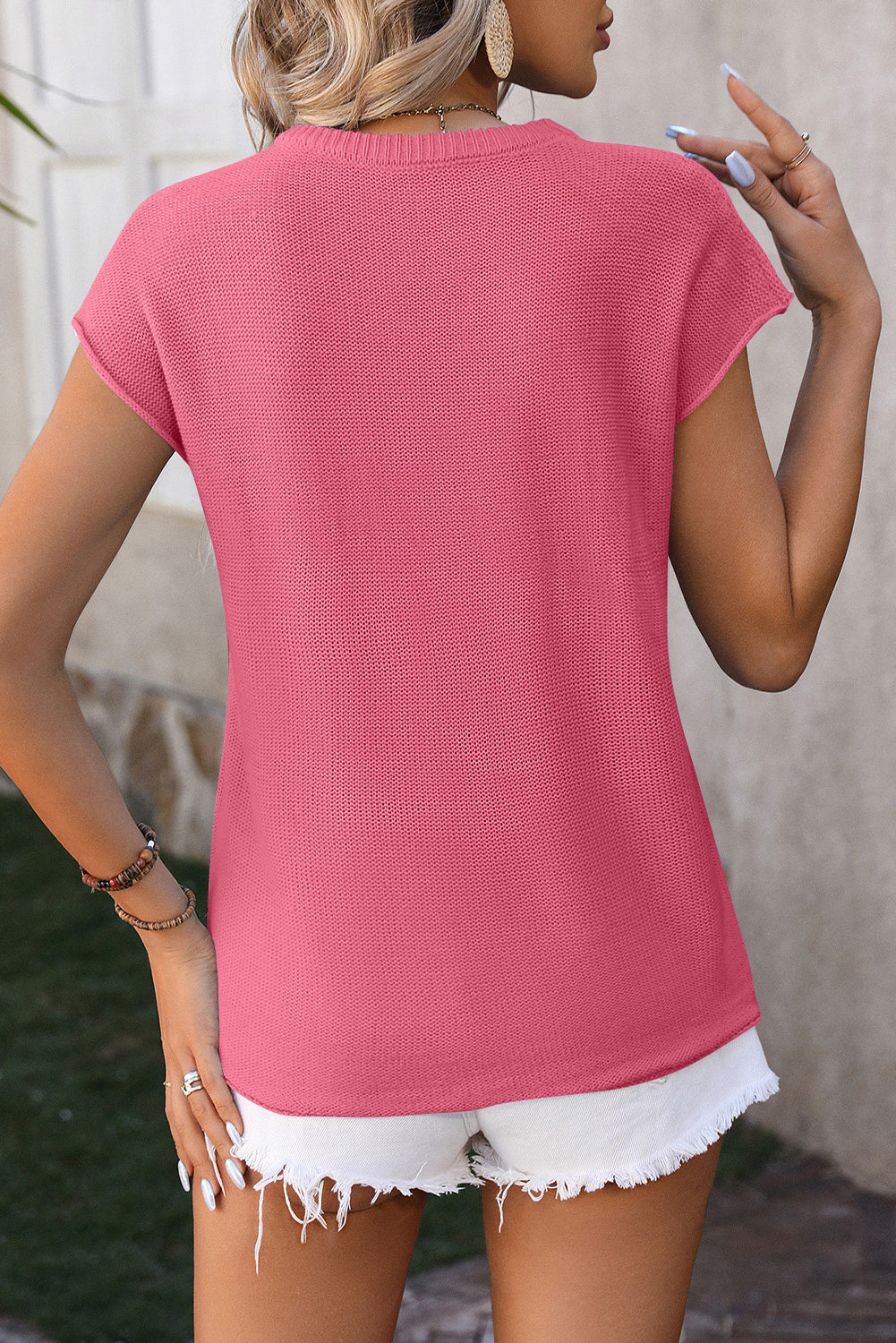 Myosotis Knit Exposed Seam Cap Sleeve Round Neck T Shirt