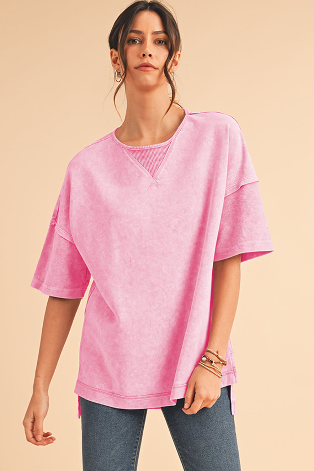 Orchid Petal Mineral Wash Exposed Seam Drop Shoulder Oversized Tee