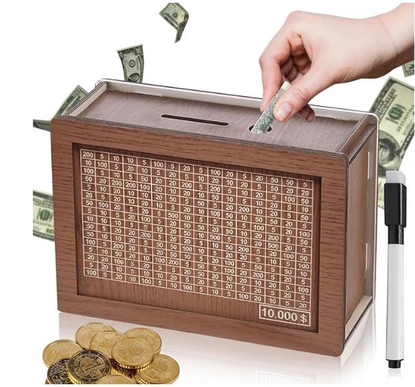 Cash Vault Wooden Savings Box, Cashbox Saving, Cash Savings Challenge Box, Wooden Money Box, Cash Saver Box, Saving Box for Cash for Adults, Money Box for Cash Gift with Target Numbers (10000 Dollar)