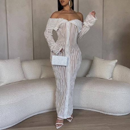 Womens Sexy off Shoulder Maxi Dress Pleated See through Flare Sleeve Button down Slit Bodycon Long Dresses