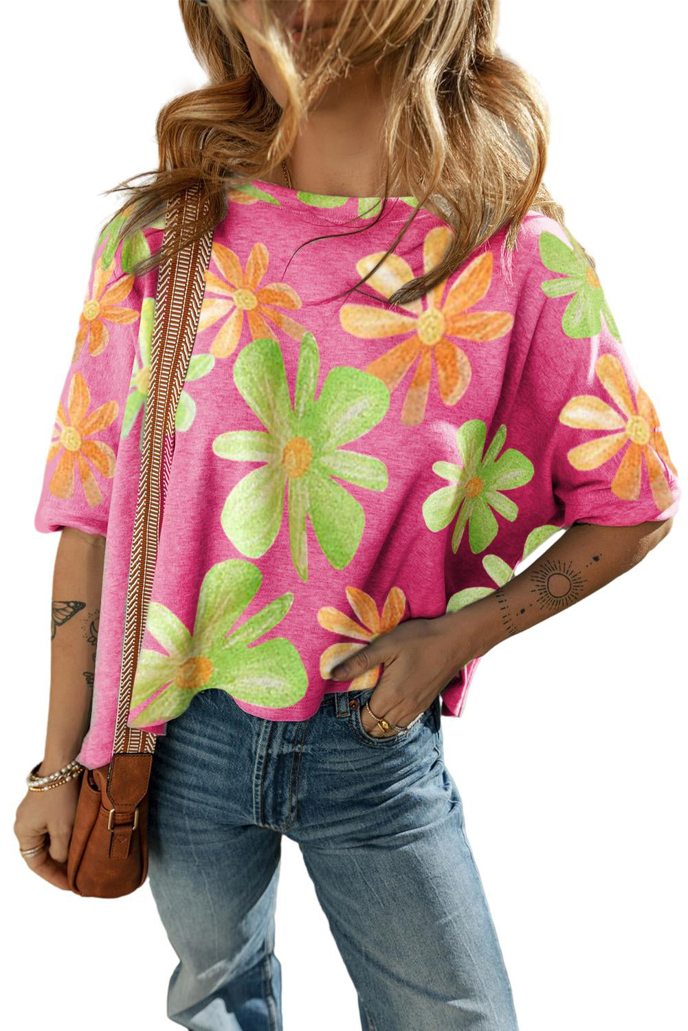 Rose 60s Vintage Flower Print Batwing Sleeve T Shirt