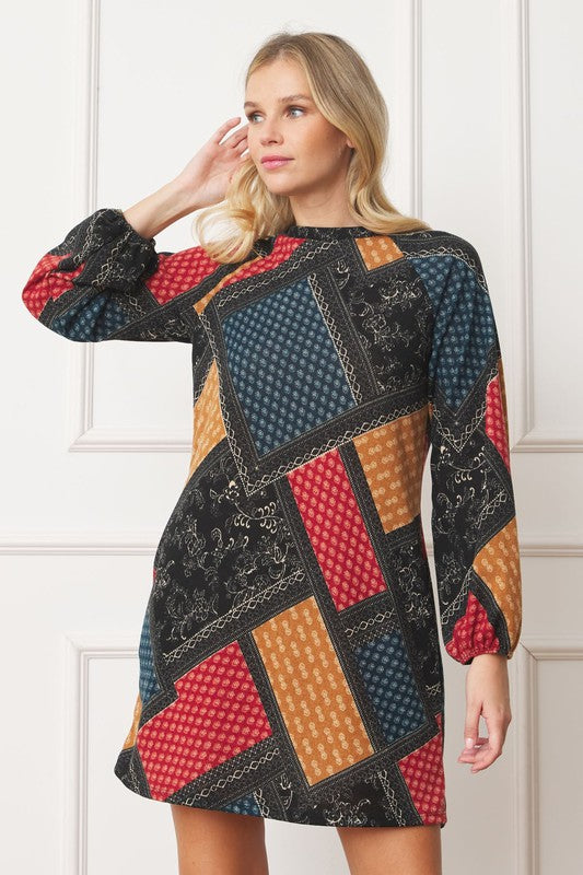 Bishop Sleeve Multi Patch Pattern Mini Dress