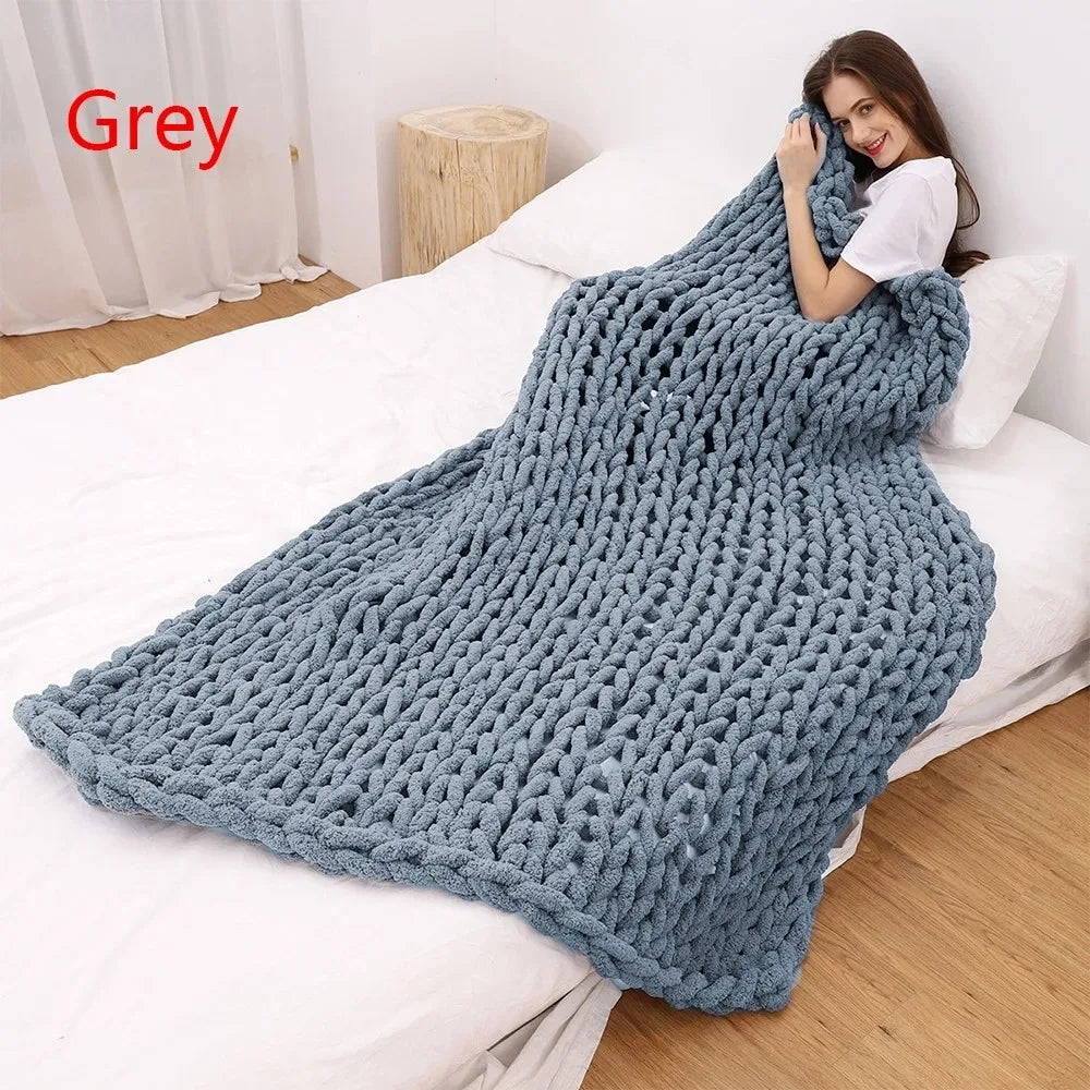 Hand Chunky Knitted Blanket Handmade Coarse Wool Woven Blanket Chenille Thick Blanket Sofa Blanket Photography Prop Blanket