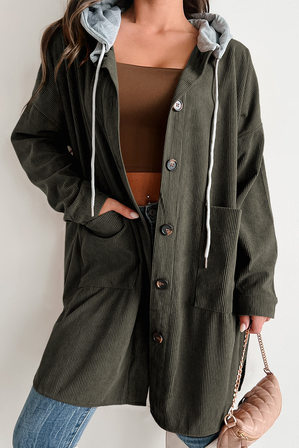 Jungle Green Oversized Hooded Patchwork Corduroy Shacket