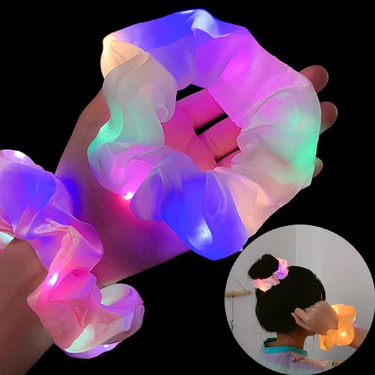 Girls LED Luminous Scrunchies Hairband Ponytail Holder Headwear Elastic Hair Bands Solid Color Hair Accessories