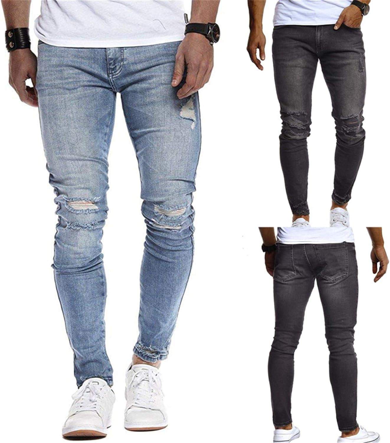 Andongnywell Mens Skinny Ripped Stretch Jeans Slim Fit Destroyed Trousers Distressed Stretchy Denim Pants