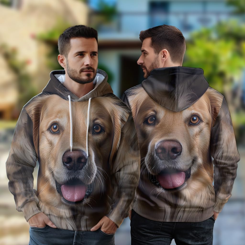 Men'S Dog Lovers Fleece Hooded Sweatshirt - 3D Dog Face Printed Pullover Hoodie