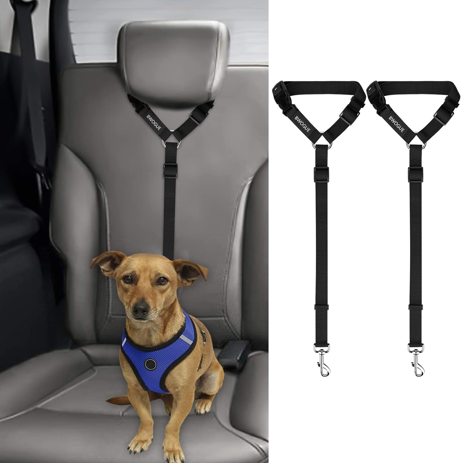 2 Packs Dog Cat Safety Seat Belt Strap Car Headrest Restraint Adjustable Nylon Fabric Dog Restraints Vehicle Seatbelts Harness