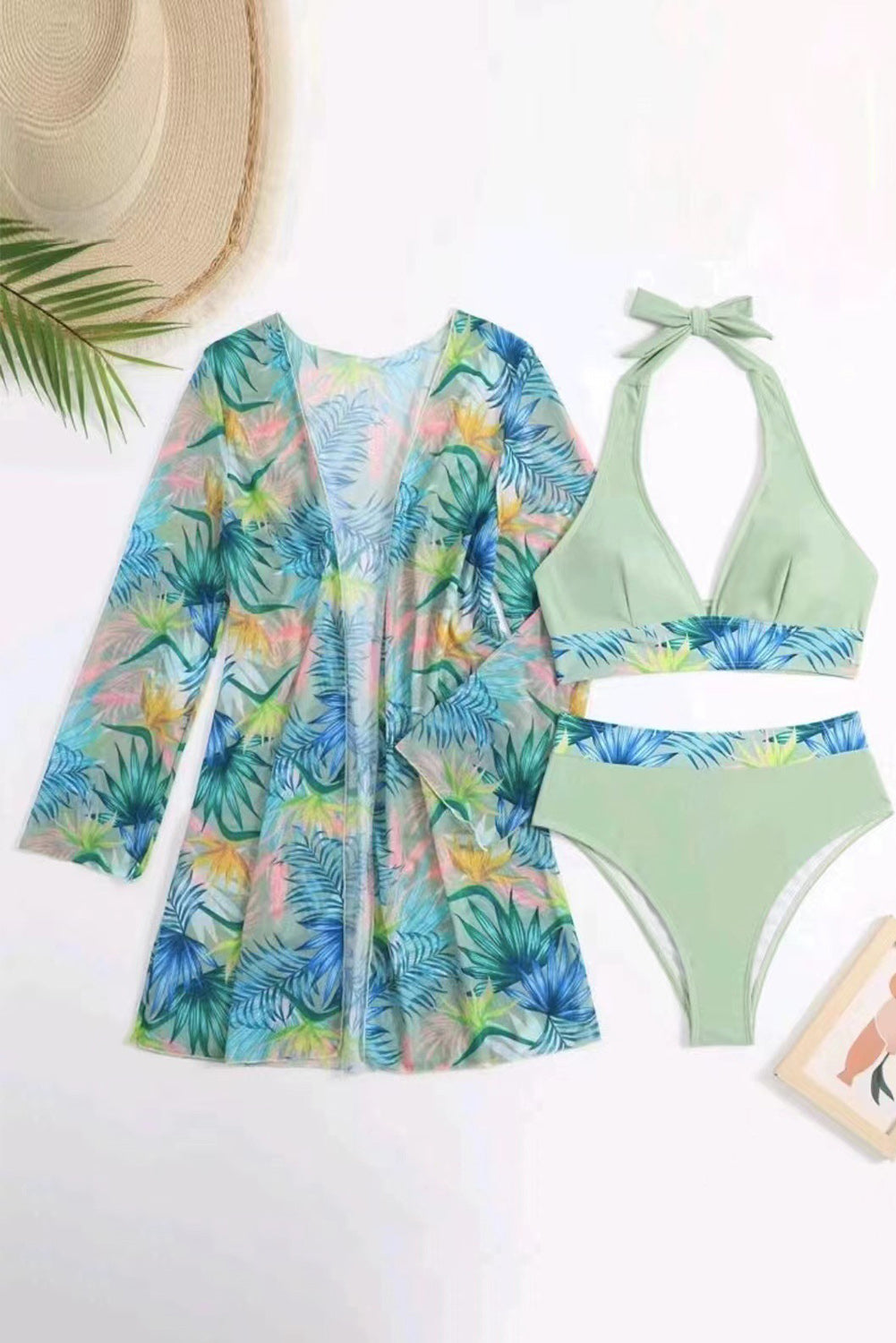 Carrot 3pcs Tropical Contrast Trim Halter Bikini Set with Cover up