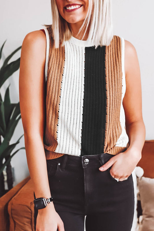 Khaki Stripe Color Block Sleeveless Knitted Top