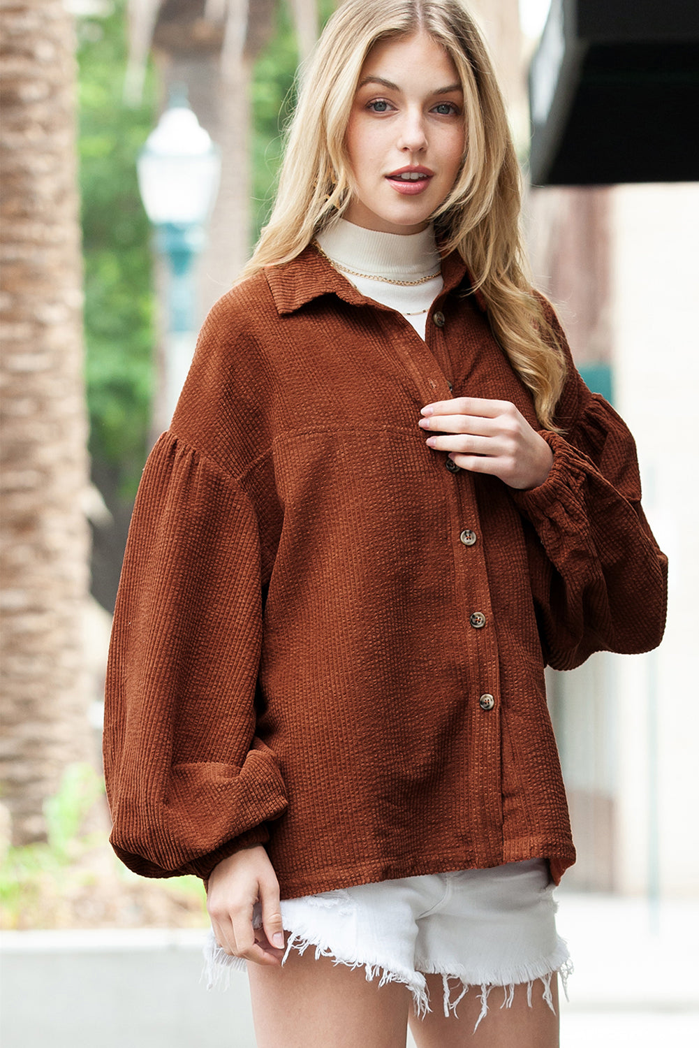 Coffee Corduroy Button Up Lantern Sleeve Jacket