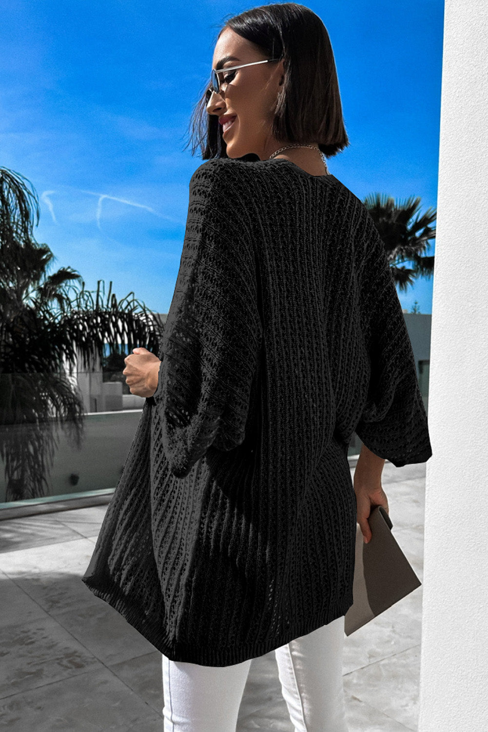 Black Hollow-out Bracelet Sleeve Knit Cardigan