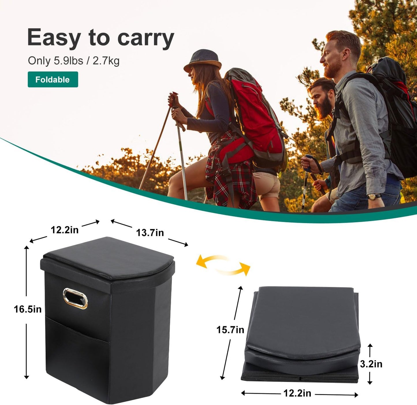 Portable Toilet for Adults, Extra Large Portable Travel Floding Toilet, Camping Tall Toilets with Lid for Adults and Kids Compact Potty for Car,Hiking,Beach,Toilet Storage Stool