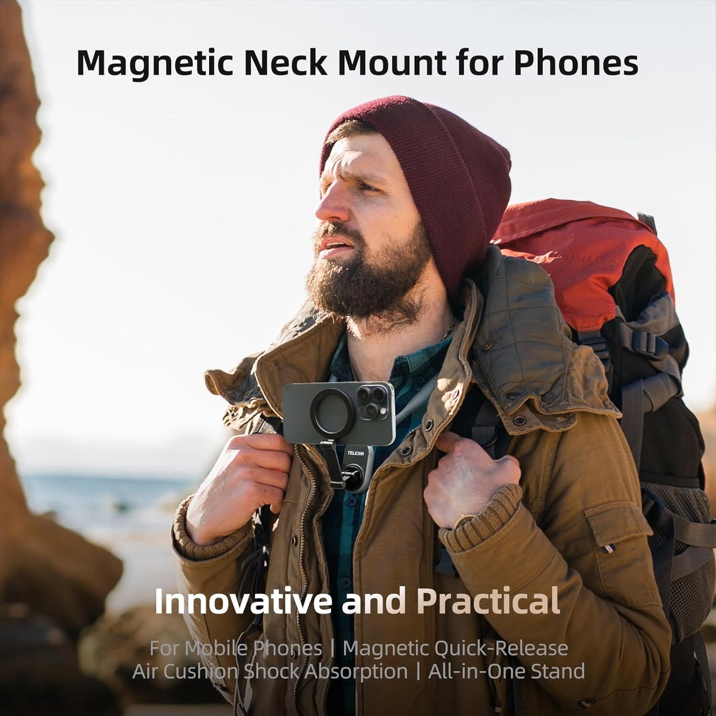 Magnetic Neck Mount for Phones, Neck Cell Phone Holder Pov/Vlog Selfie Mount Hand Free Phone Neck Holder Chest Stand Strap Video Recording for Iphone 15 14 13 12 Seires Android Phones (Grey)