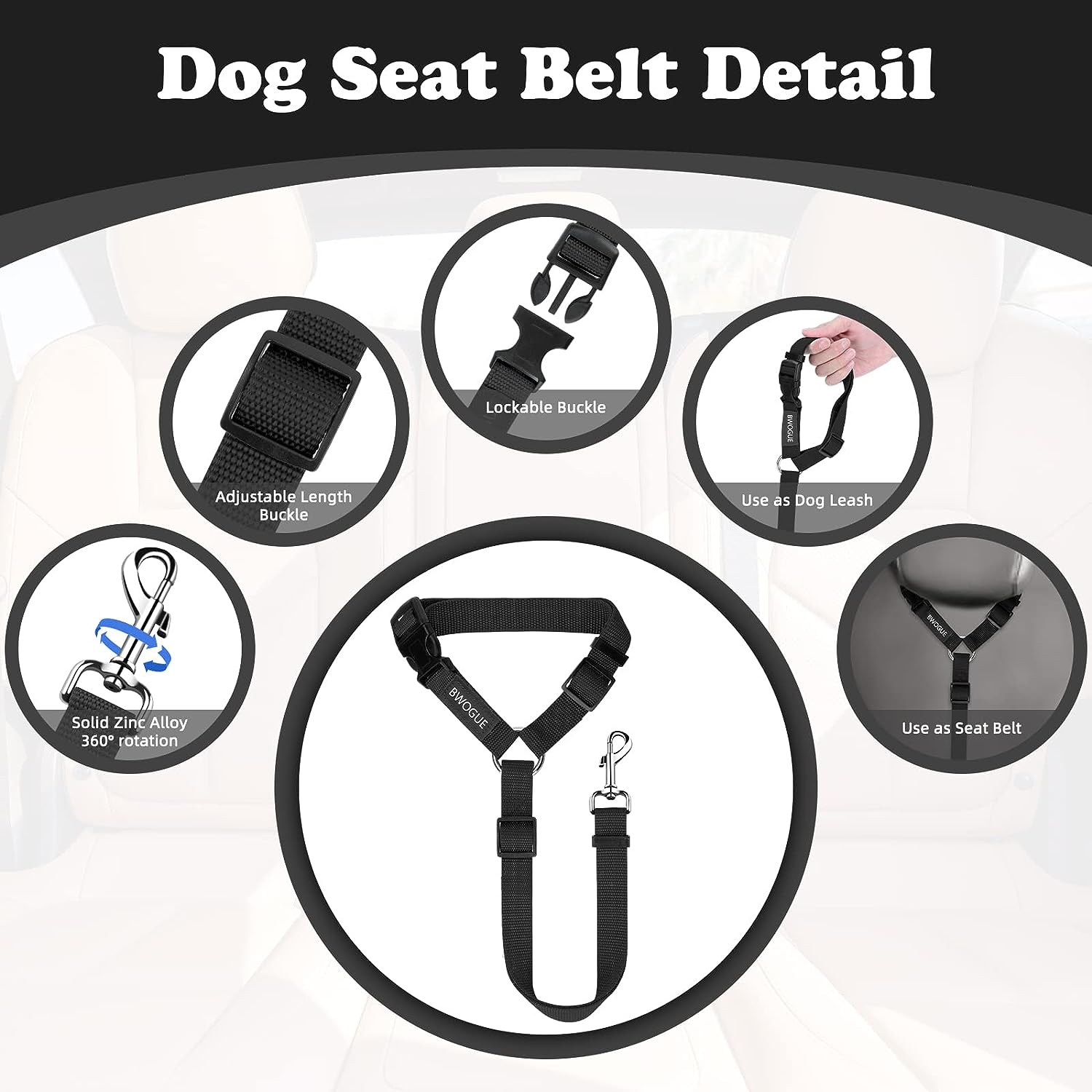 2 Packs Dog Cat Safety Seat Belt Strap Car Headrest Restraint Adjustable Nylon Fabric Dog Restraints Vehicle Seatbelts Harness