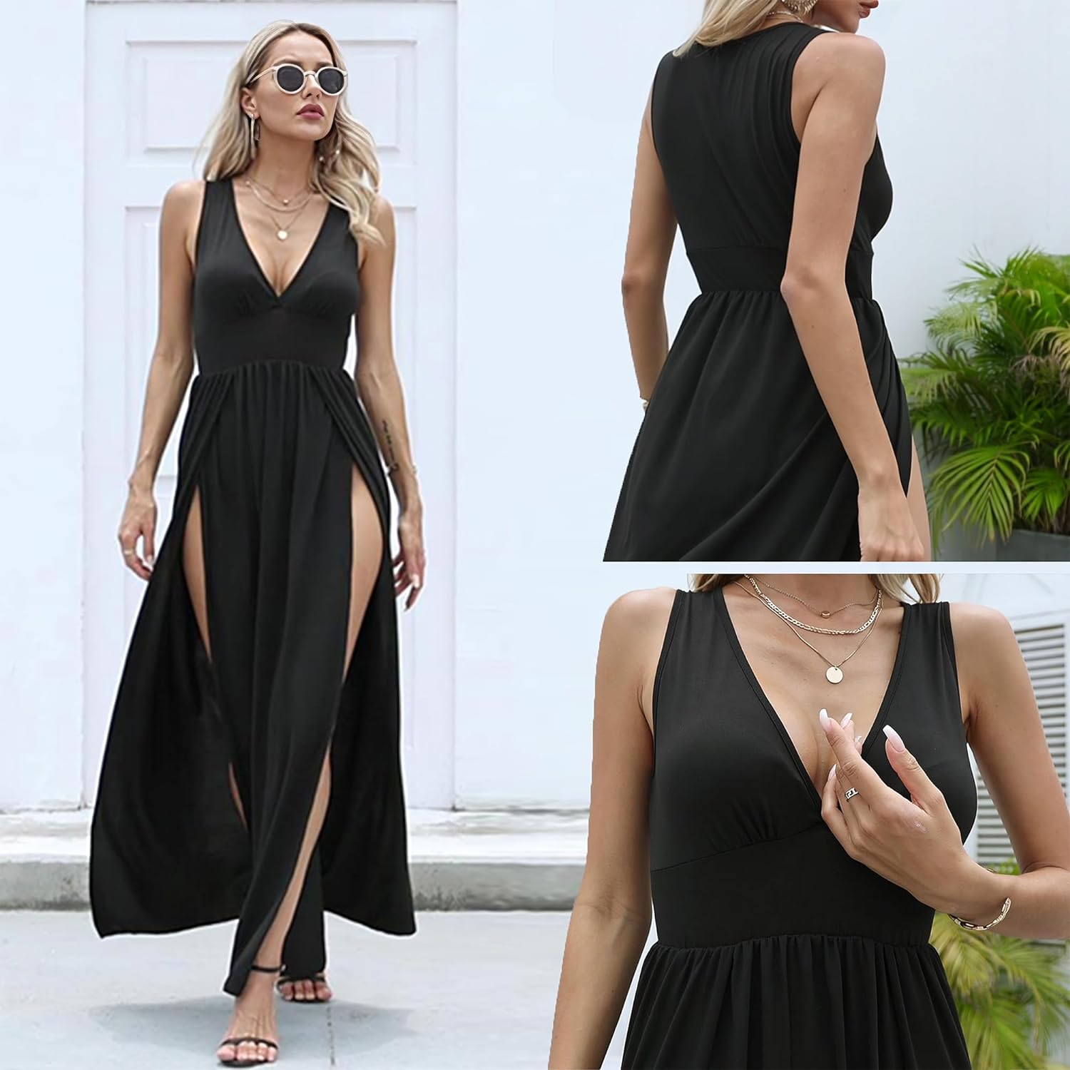 Women'S Summer 2024 Sexy Double High Slit Deep V Neck plus Size Sundresses Thigh Split Maxi Club Party Dresses