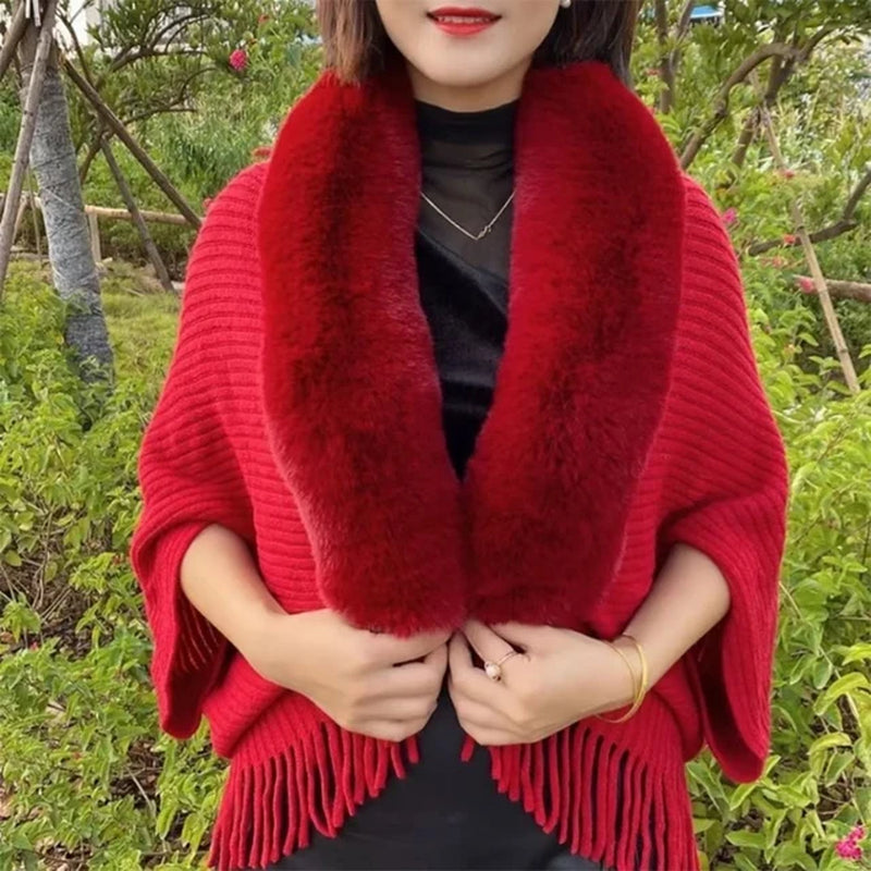 Women Winter Knitted Shawl with Faux Fur Collar Fringe Sweater Ponchos Long Fashion Warm Wraps Elegant Batwing Cardigan Cape Top