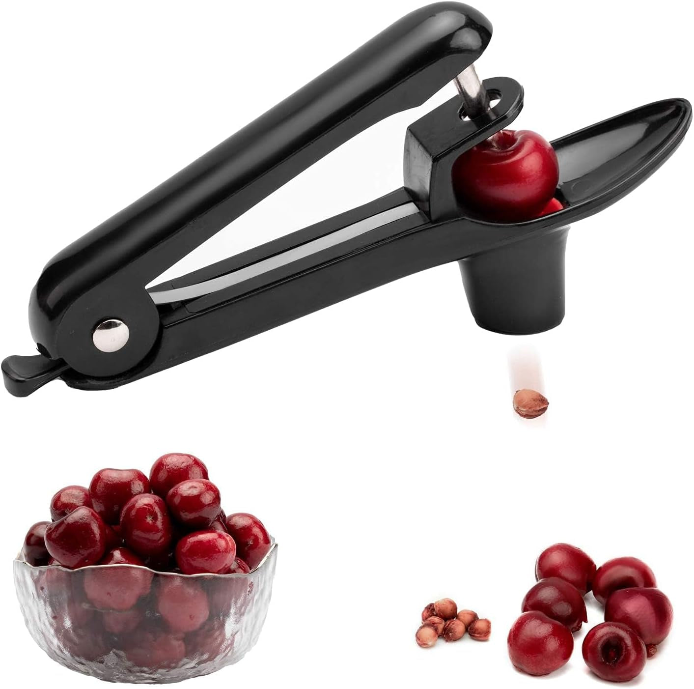 Cherry Pitter -  Stainless Steel Cherries Corer Pitter Tool with Hand-Held Push Design, save Time & Space for Making Cherry Jam with Lock Design(Black)