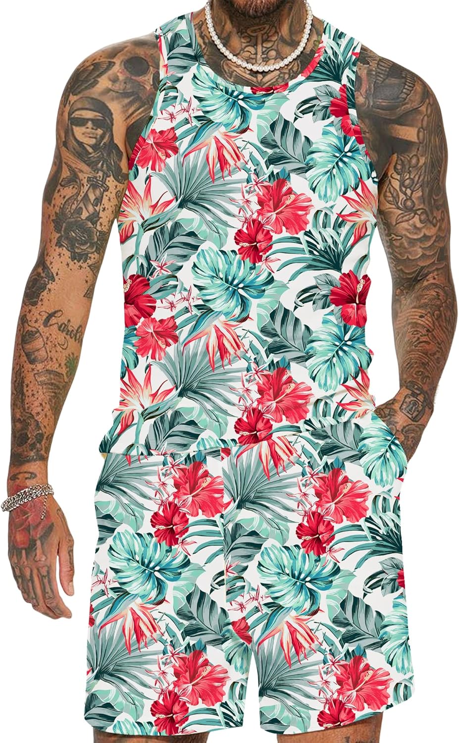 Men'S Floral Tank Top Set Sleeveless Tees Outfit Luxury Print Casual Sport T-Shirts Tracksuit Hawaii Beach Vacation