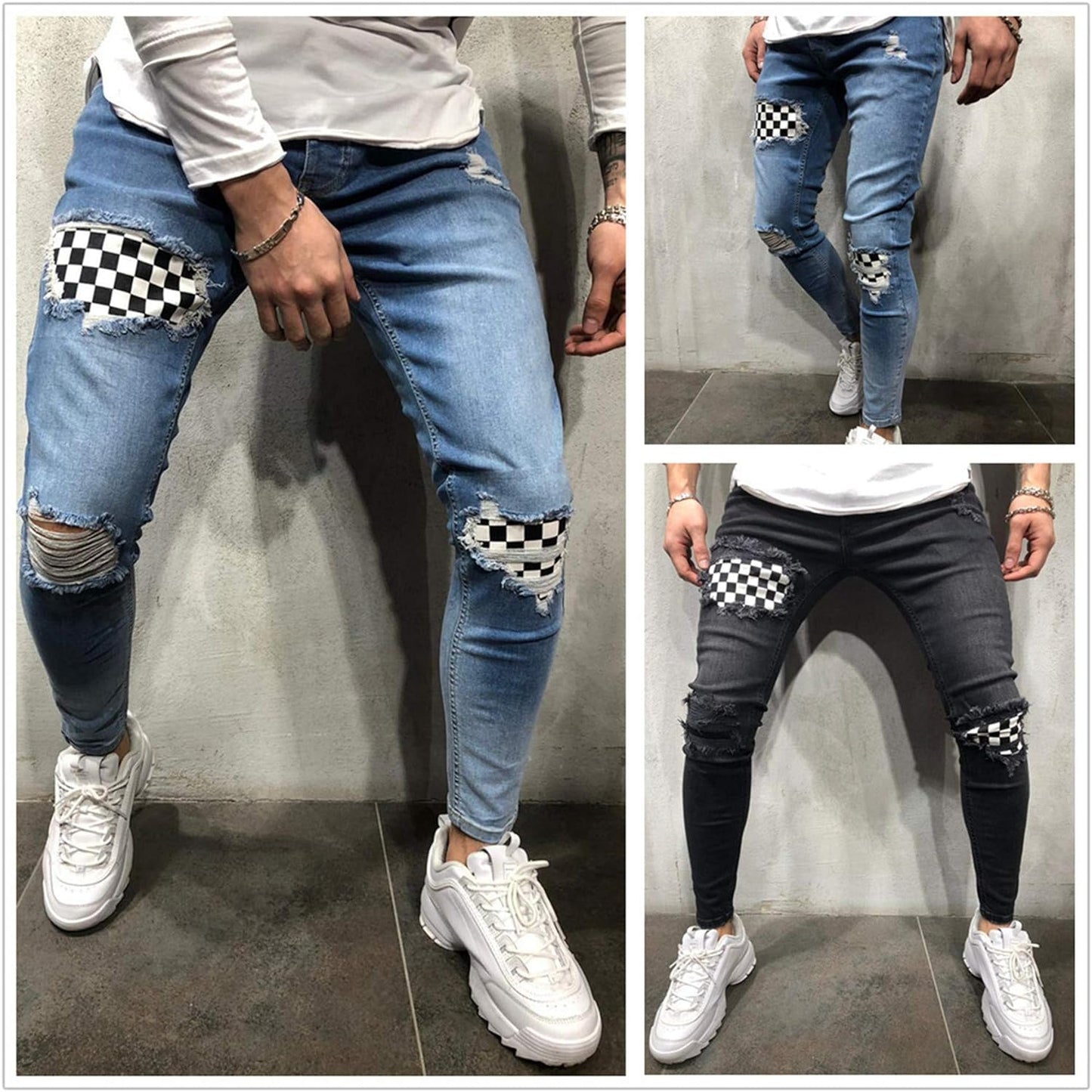 Andongnywell Men'S Skinny Moto Biker Ripped Jeans Destroyed Stretch Denim Pants Trousers with Zipper Button Pocket