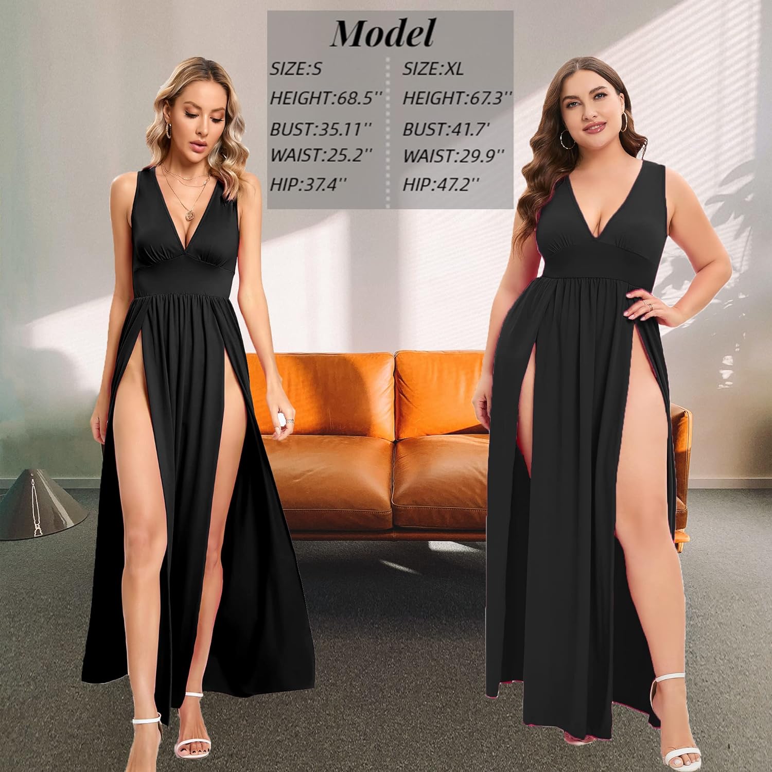 Women'S Summer 2024 Sexy Double High Slit Deep V Neck plus Size Sundresses Thigh Split Maxi Club Party Dresses