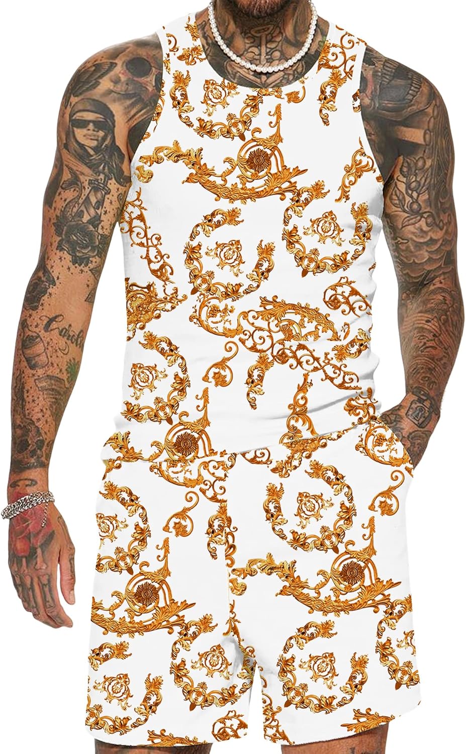 Men'S Floral Tank Top Set Sleeveless Tees Outfit Luxury Print Casual Sport T-Shirts Tracksuit Hawaii Beach Vacation