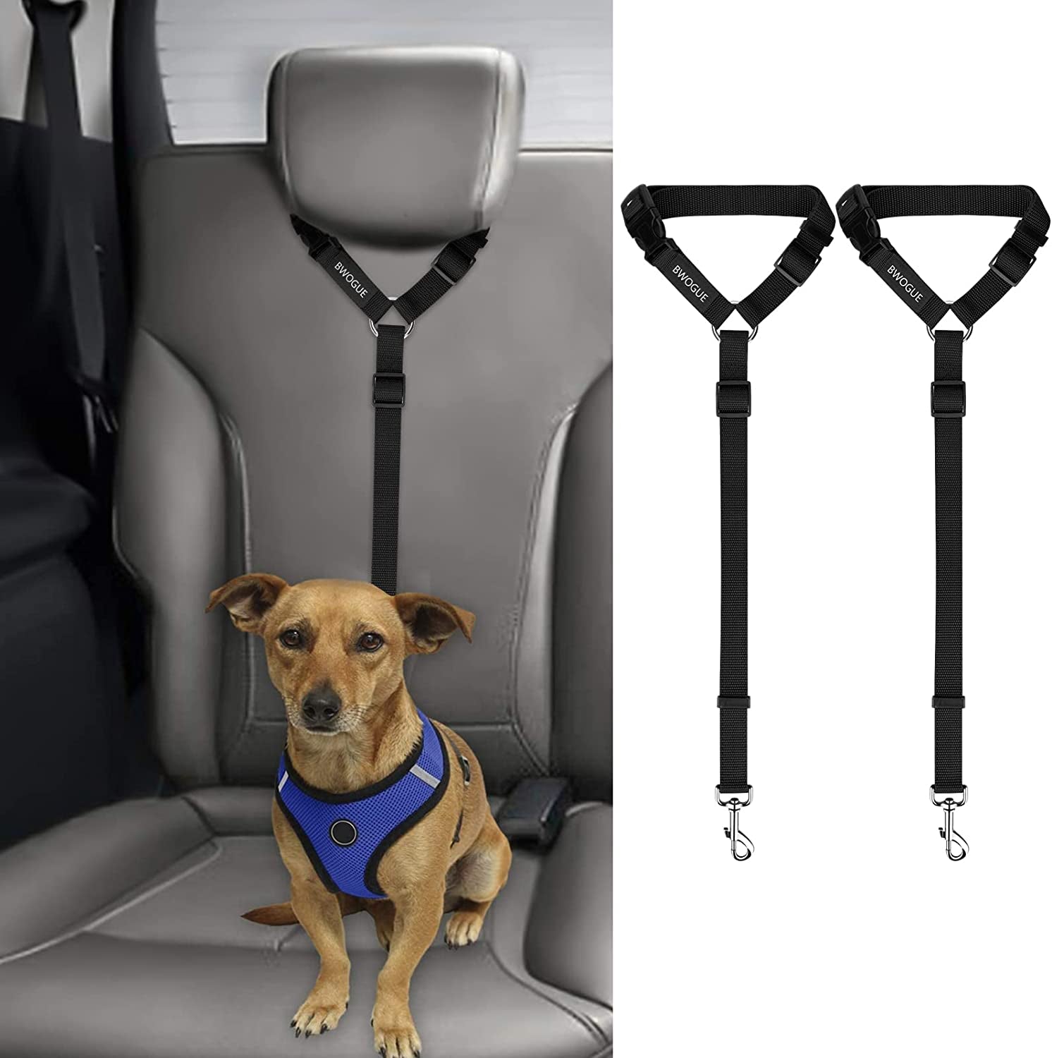 2 Packs Dog Cat Safety Seat Belt Strap Car Headrest Restraint Adjustable Nylon Fabric Dog Restraints Vehicle Seatbelts Harness