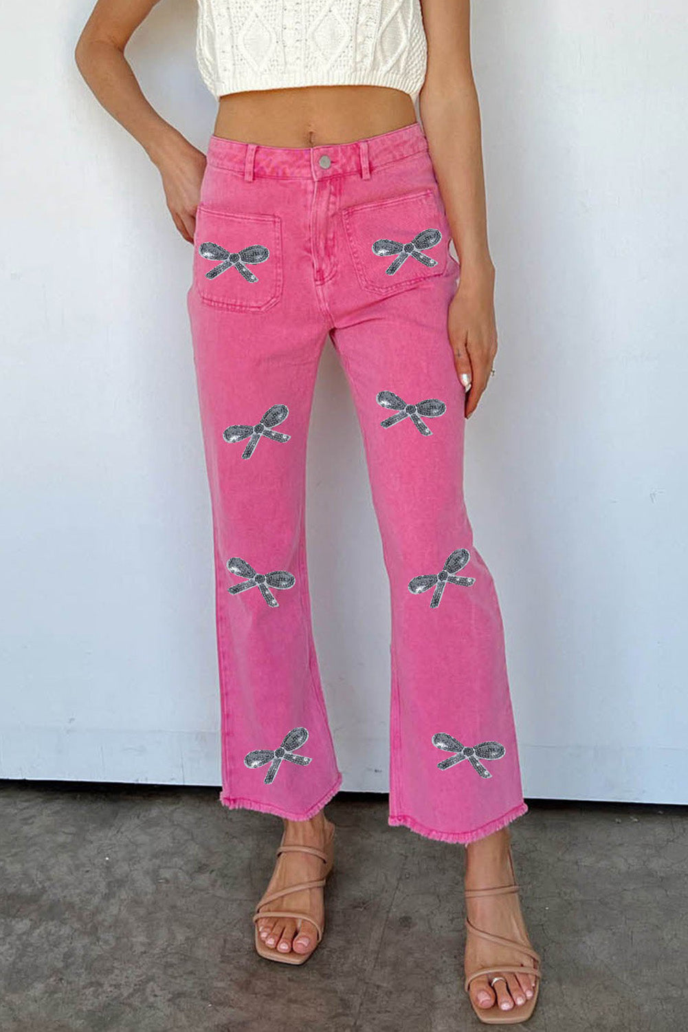 Pink Sequin Bow Knot Graphic Raw Hem High Waist Flared Jeans