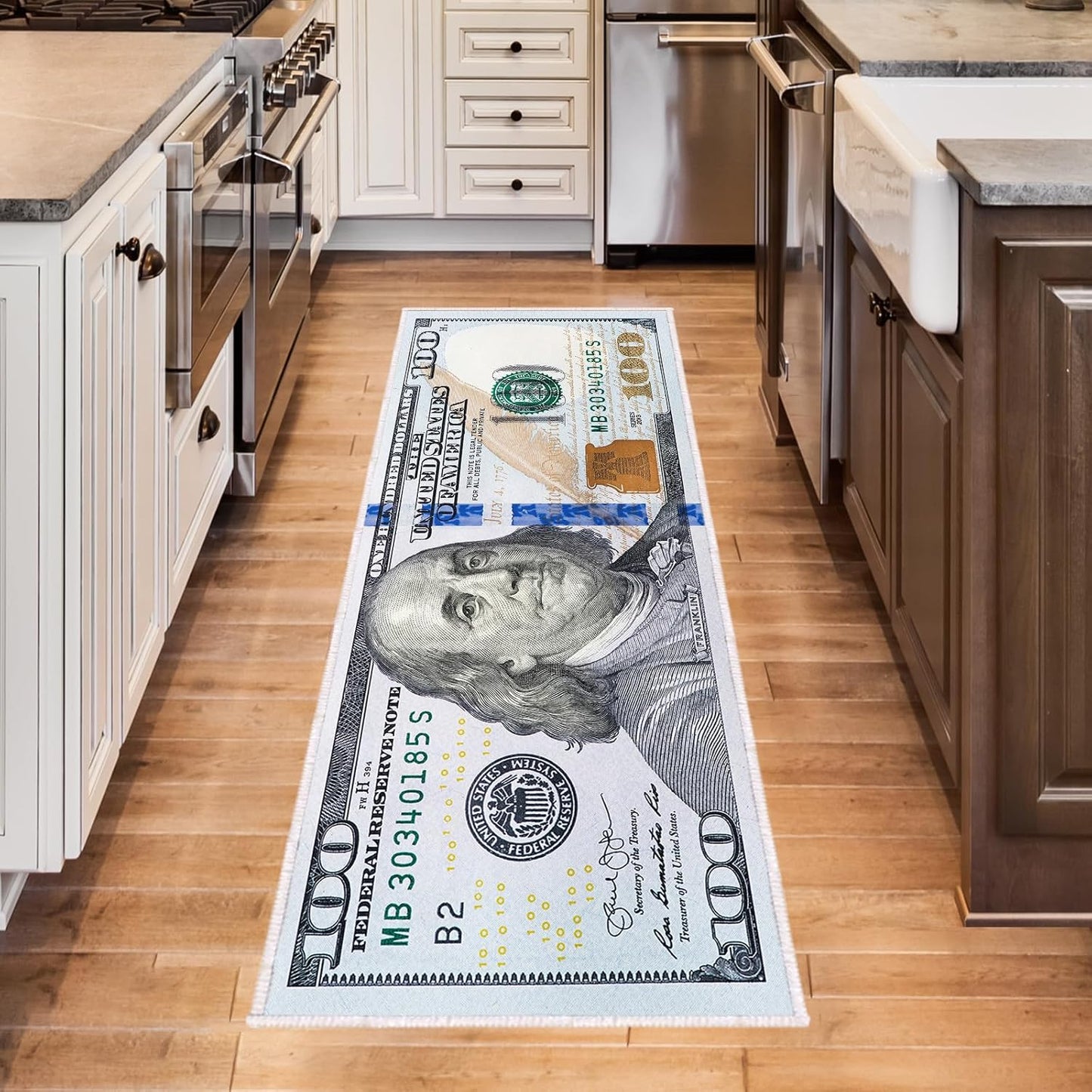 Hundred Dollar Bills Runner Rug 2X6,100 Bill USA Money Throw Accent Area Rug Large Floor Carpets Mat Non Slip Washable Runner Carpet for Entryway Hallway Laundry Bathroom Kitchen Bedroom Living Room