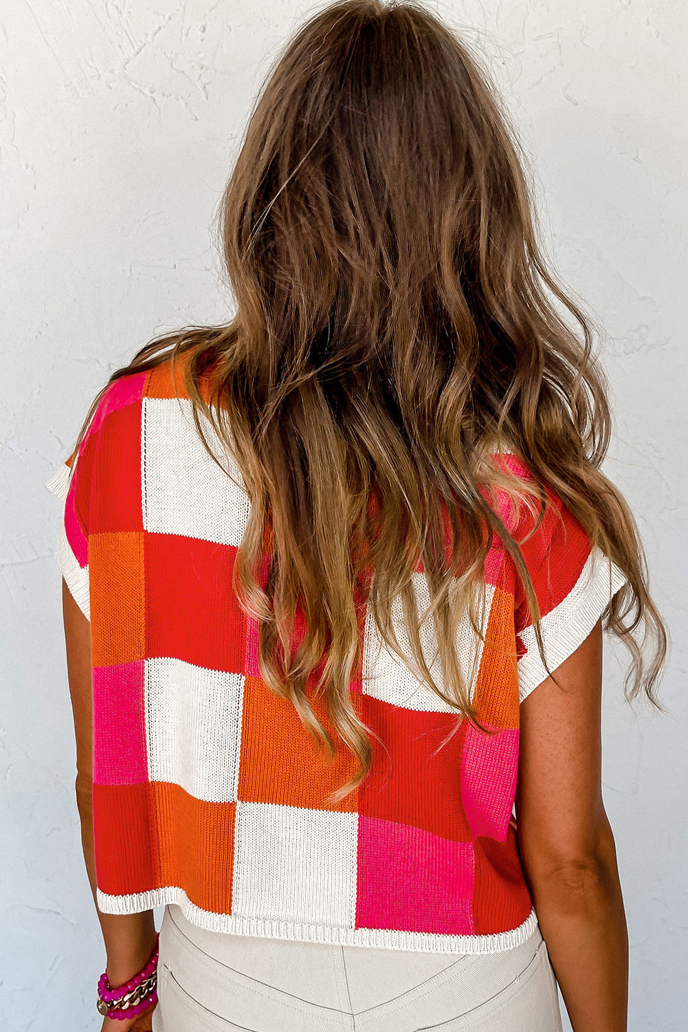 Grapefruit Orange Checkered Color Block Cap Sleeve Knitted Top