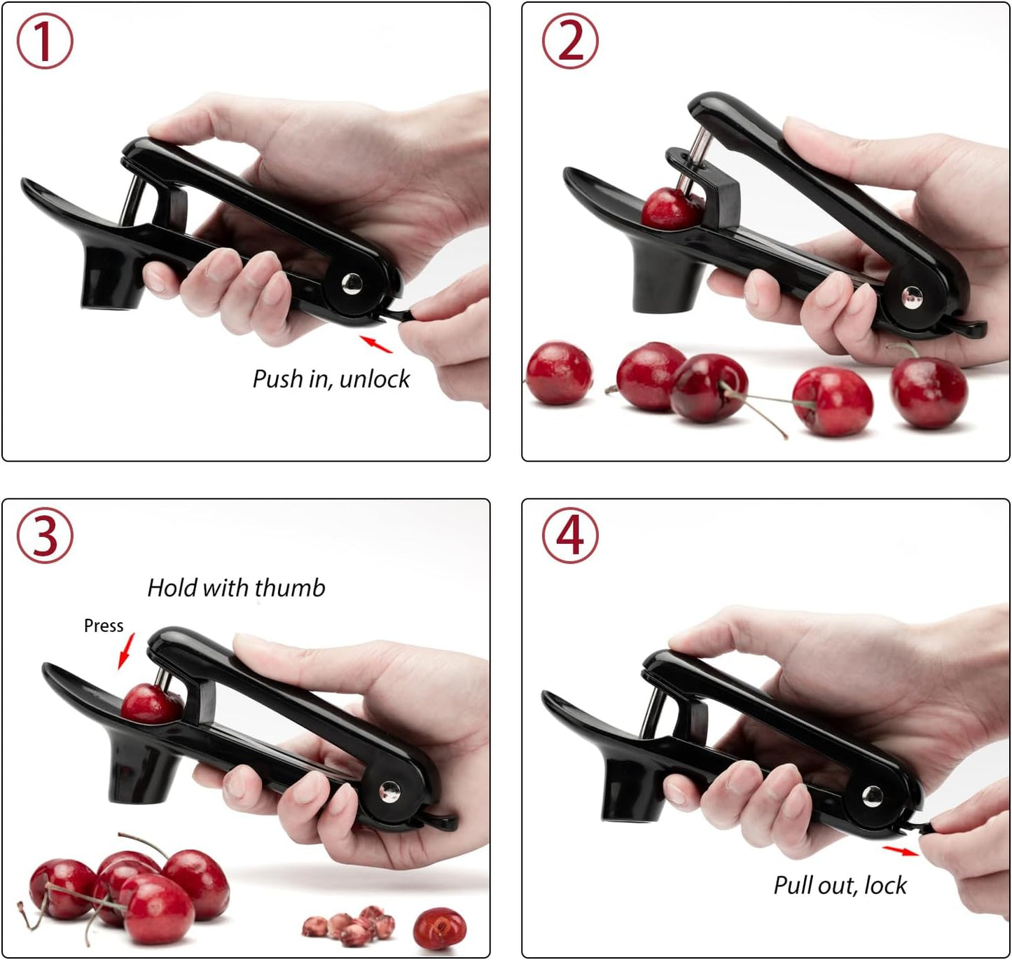 Cherry Pitter -  Stainless Steel Cherries Corer Pitter Tool with Hand-Held Push Design, save Time & Space for Making Cherry Jam with Lock Design(Black)