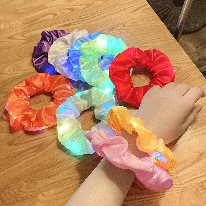 Girls LED Luminous Scrunchies Hairband Ponytail Holder Headwear Elastic Hair Bands Solid Color Hair Accessories