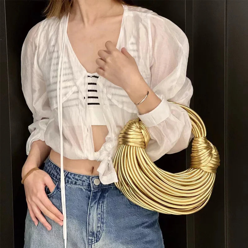 2024 New Gold Handbags for Women Luxury Designer Brand Handwoven Noodle Bags Rope Knotted Evening Clutch Underarm Dumpling Bag